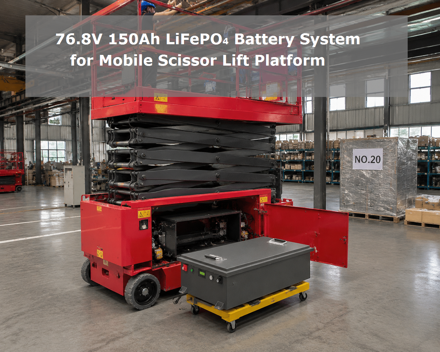 Laatste bedrijfscasus over 76.8V 150Ah LiFePO4-batterijsysteem voor mobiele schaar-liftplatform